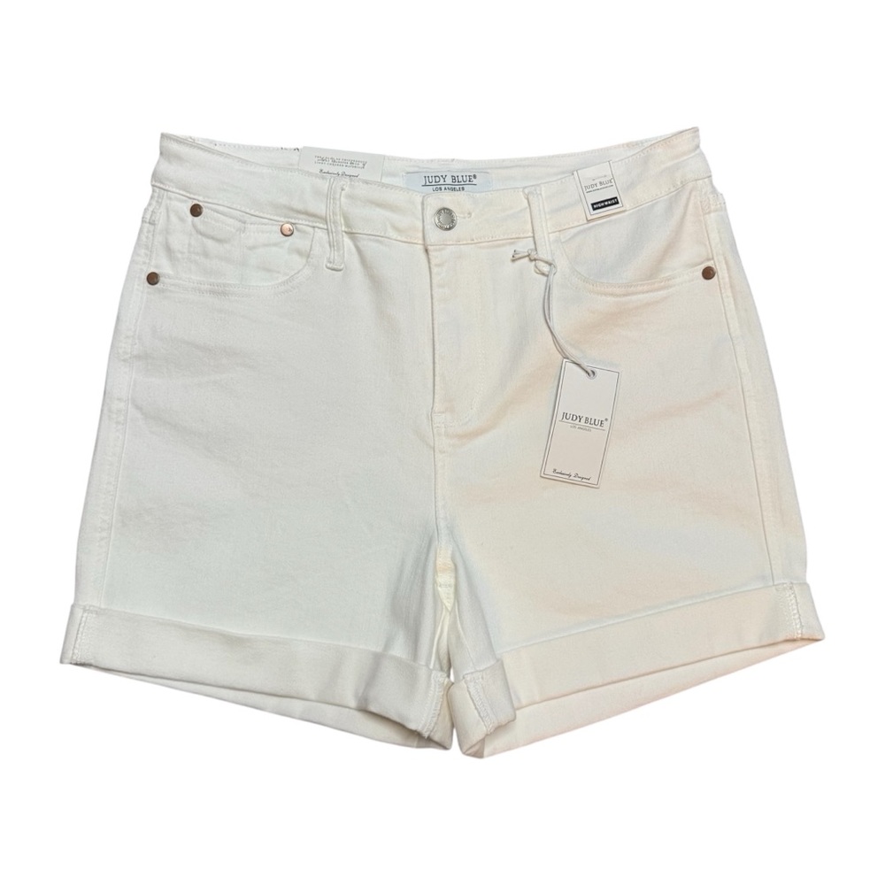 NWT Judy Blue White High Rise Waist Cuffed Denim Comfy Stretch Shorts Size Large - Picture 3 of 10